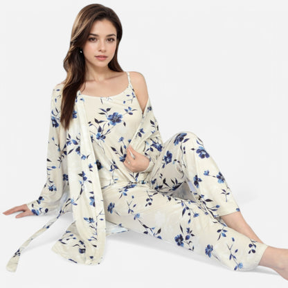 Anna-Kaci Lounge Women's Floral Print 3-Piece Pajama Set with Long Cardigan and Elastic Waist Pants