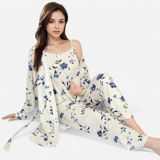 Anna-Kaci Lounge Women's Floral Print 3-Piece Pajama Set with Long Cardigan and Elastic Waist Pants