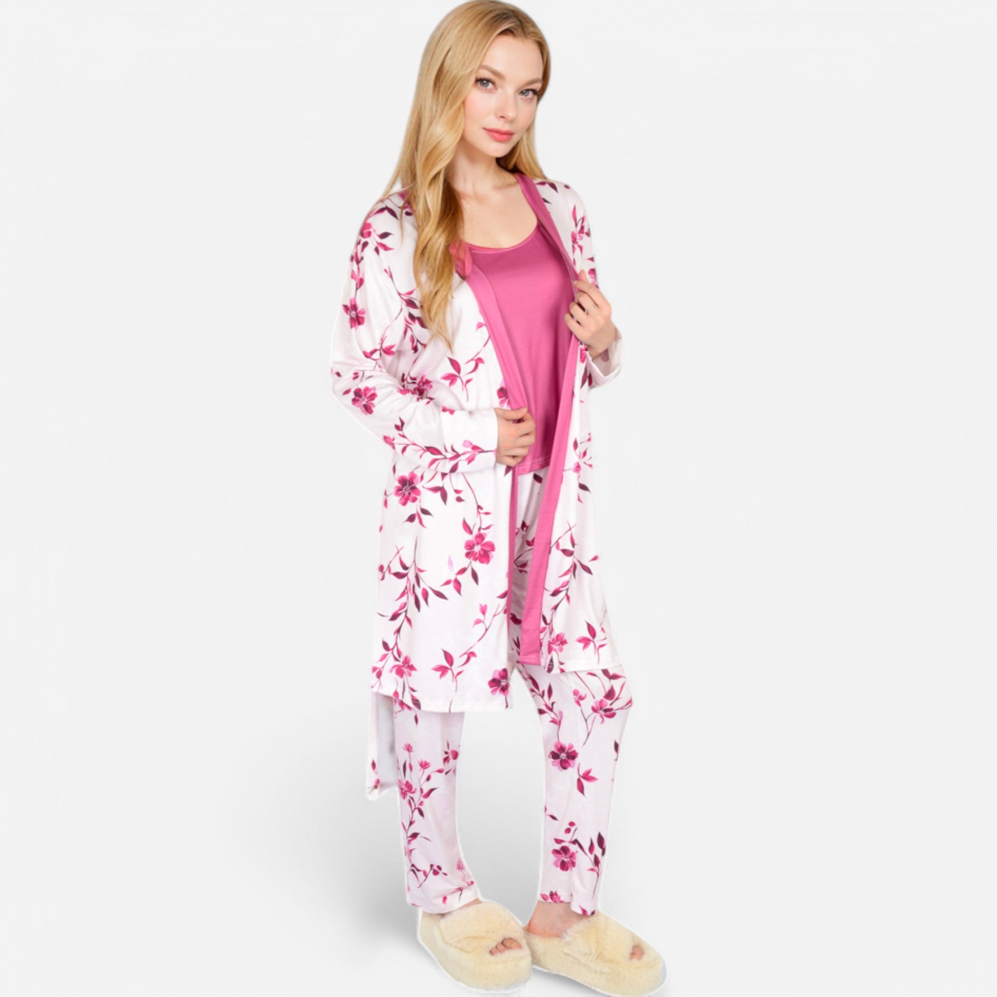 Anna-Kaci Lounge Women's Floral Print 3-Piece Pajama Set with Long Cardigan and Elastic Waist Pants