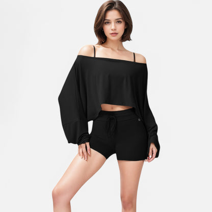 Anna-Kaci Women's Cropped Long Sleeve Pullover with Wide Boat Neck