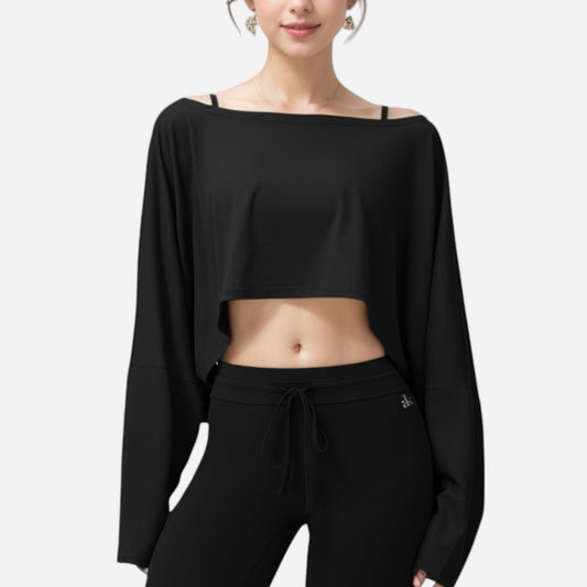Anna-Kaci Women's Cropped Long Sleeve Pullover with Wide Boat Neck