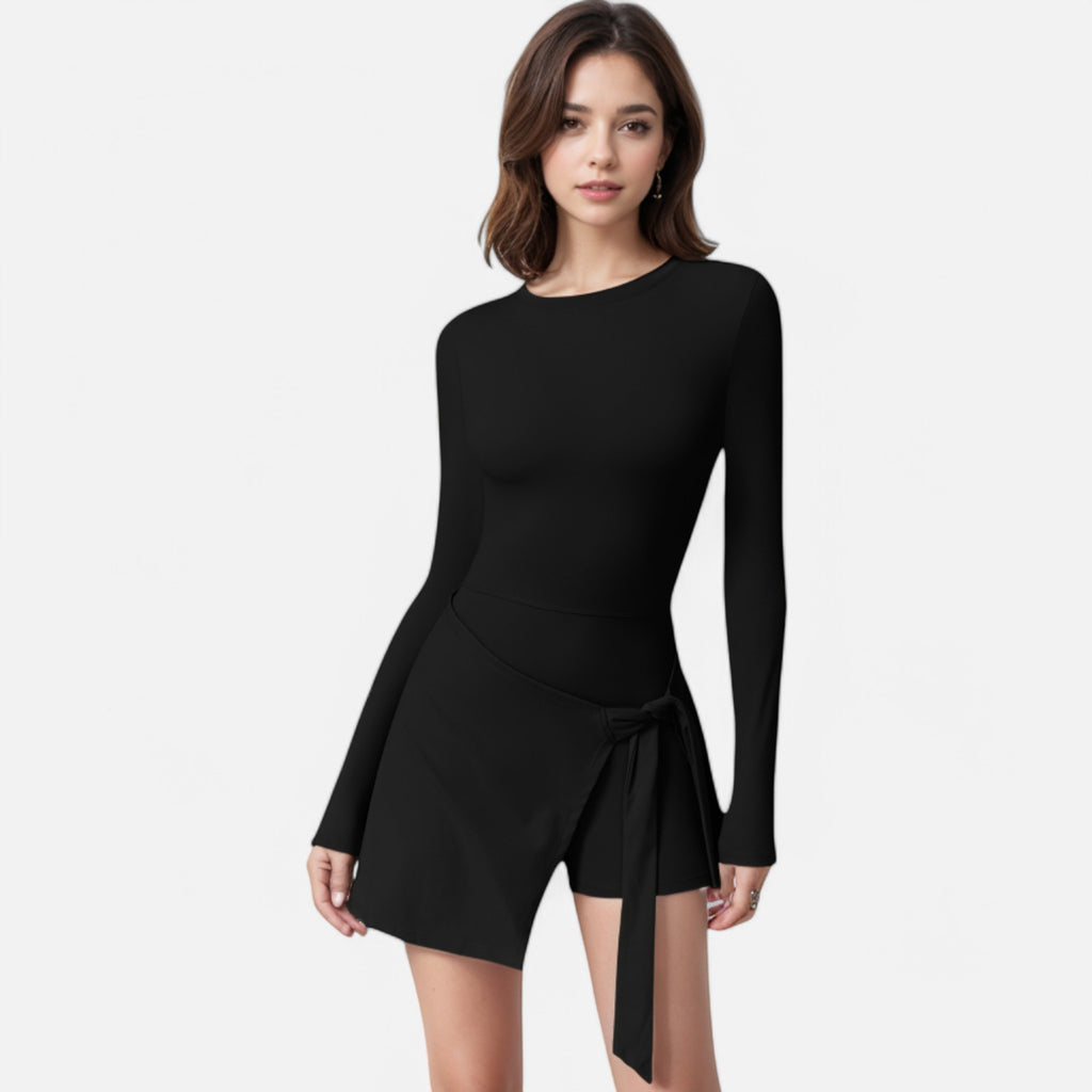 Anna-Kaci Women's Long Sleeve Bodysuit with Wrap Skirt Overlay