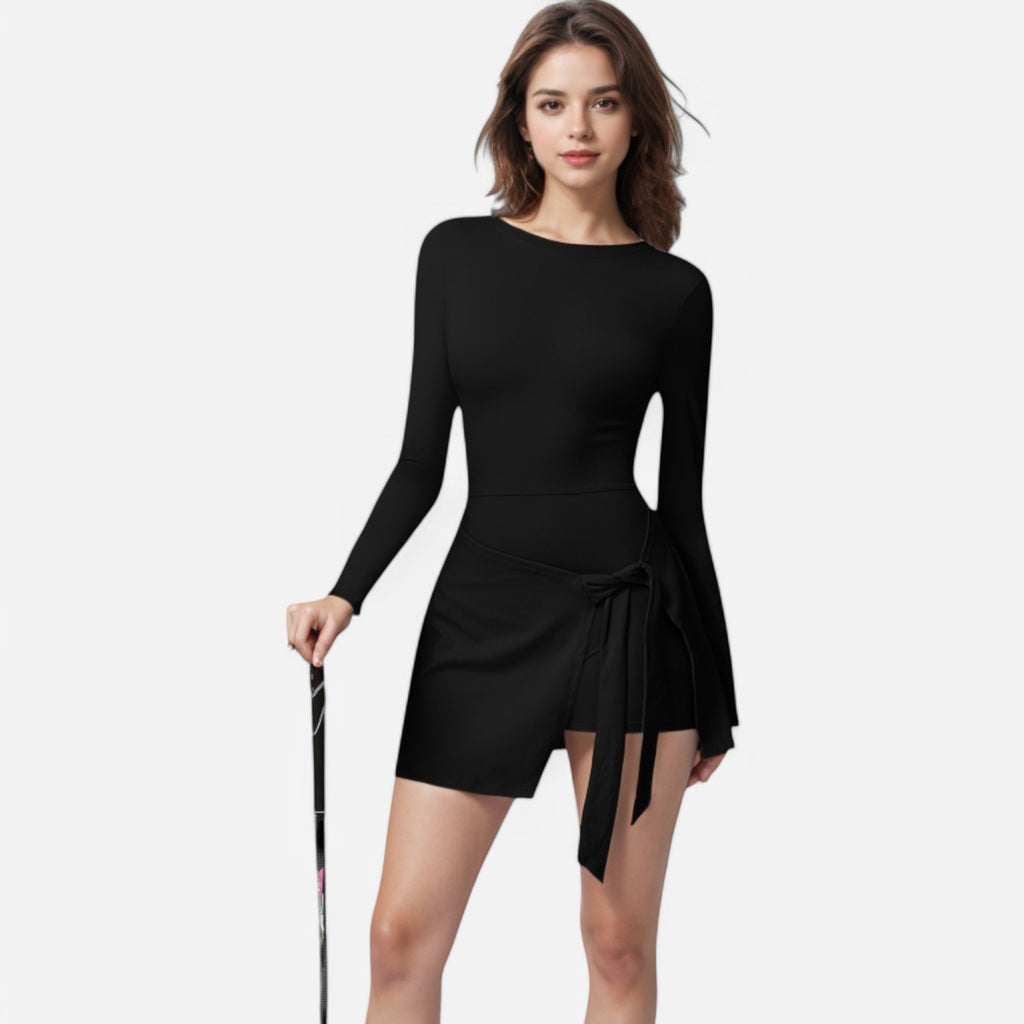 Anna-Kaci Women's Long Sleeve Bodysuit with Wrap Skirt Overlay