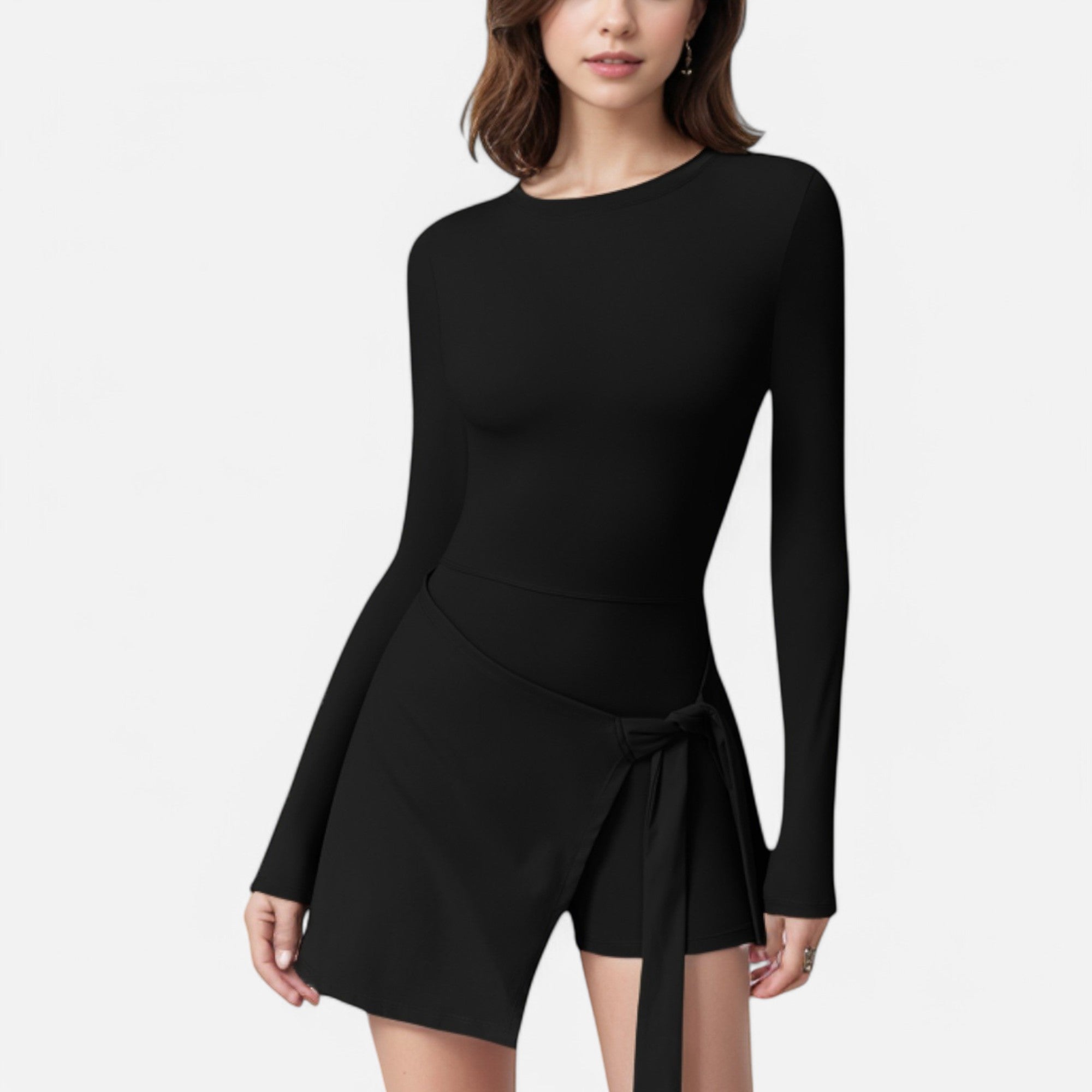 Anna-Kaci Women's Long Sleeve Bodysuit with Wrap Skirt Overlay