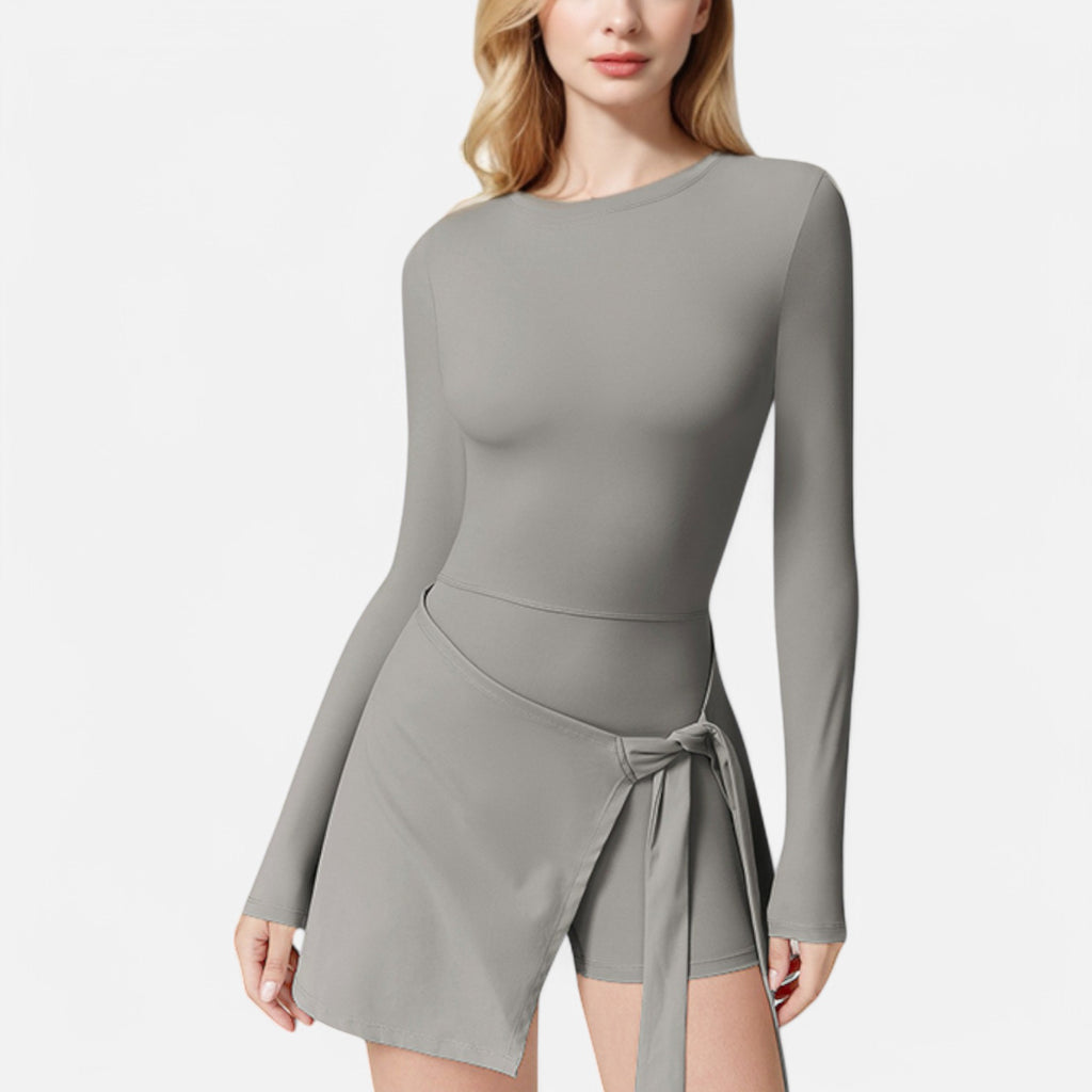 Anna-Kaci Women's Long Sleeve Bodysuit with Wrap Skirt Overlay