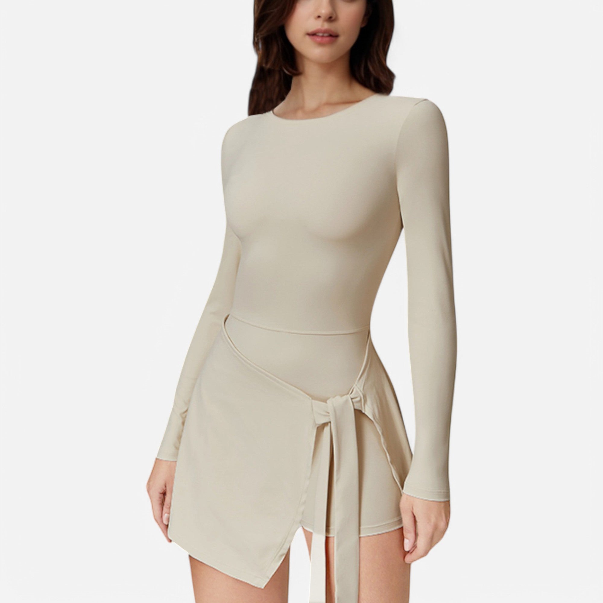 Anna-Kaci Women's Long Sleeve Bodysuit with Wrap Skirt Overlay