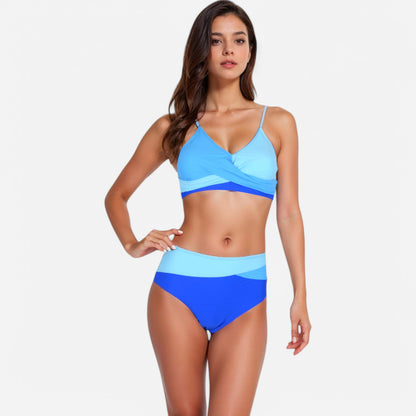 Anna-Kaci Women's Colorblock Bikini Set with Crisscross Wrap Top and High Waist Bottoms