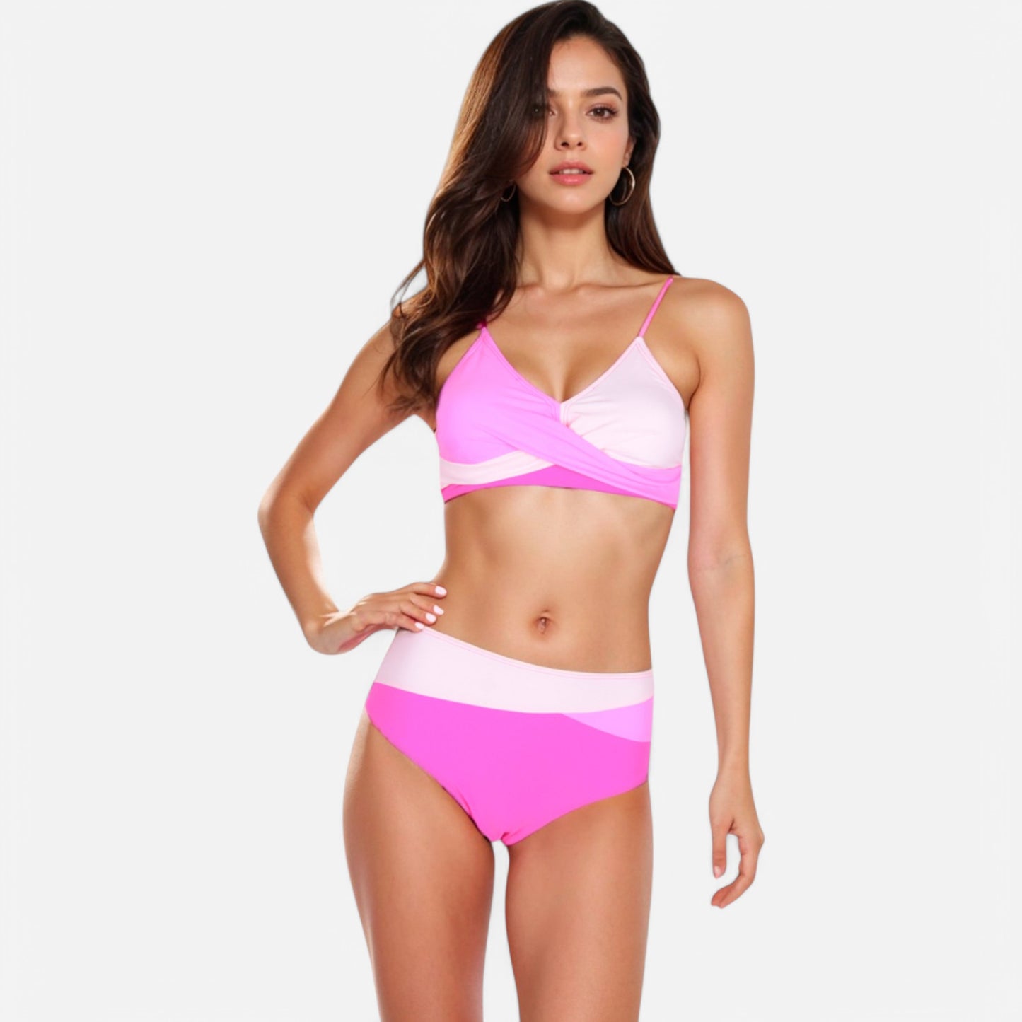 Anna-Kaci Women's Colorblock Bikini Set with Crisscross Wrap Top and High Waist Bottoms
