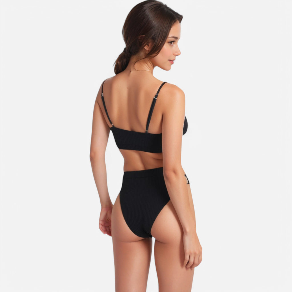 Anna-Kaci Women's Ribbed Bikini Set with Scoop Neck Bralette and High Cut Bottoms