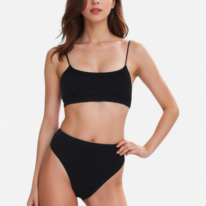 Anna-Kaci Women's Ribbed Bikini Set with Scoop Neck Bralette and High Cut Bottoms