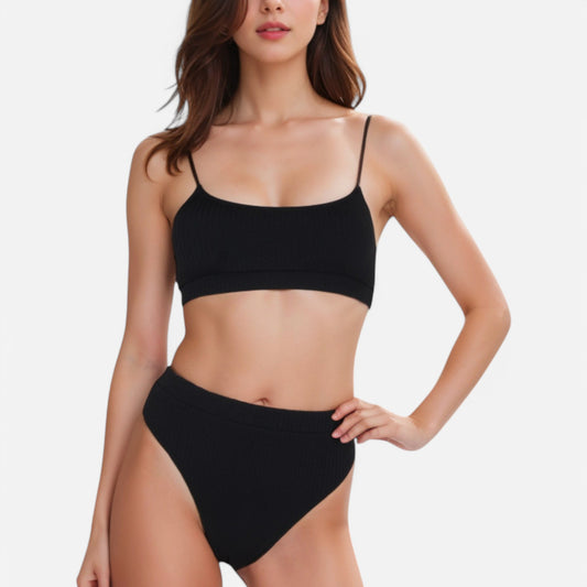 Anna-Kaci Women's Ribbed Bikini Set with Scoop Neck Bralette and High Cut Bottoms