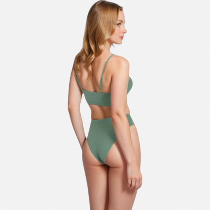 Anna-Kaci Women's Ribbed Bikini Set with Scoop Neck Bralette and High Cut Bottoms