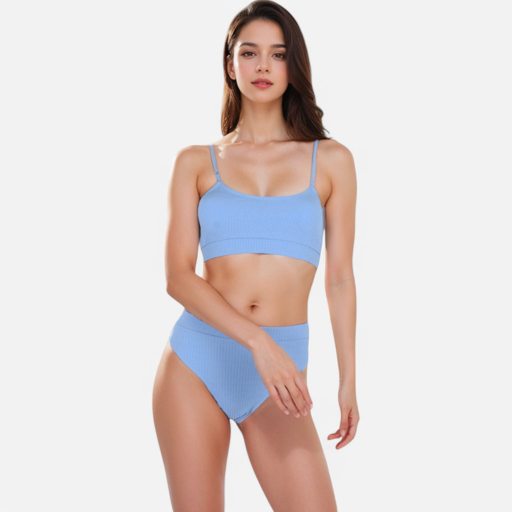 Anna-Kaci Women's Ribbed Bikini Set with Scoop Neck Bralette and High Cut Bottoms