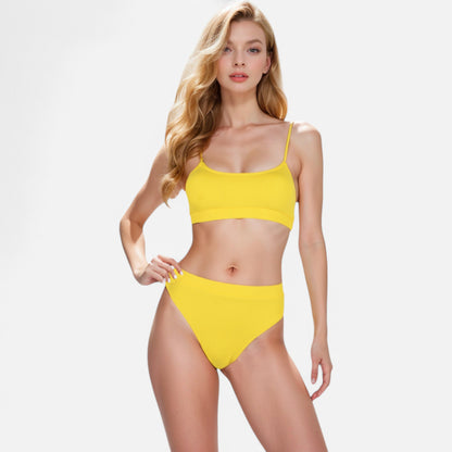 Anna-Kaci Women's Ribbed Bikini Set with Scoop Neck Bralette and High Cut Bottoms