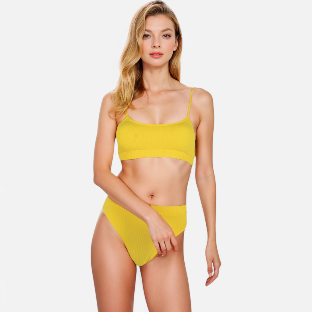 Anna-Kaci Women's Ribbed Bikini Set with Scoop Neck Bralette and High Cut Bottoms