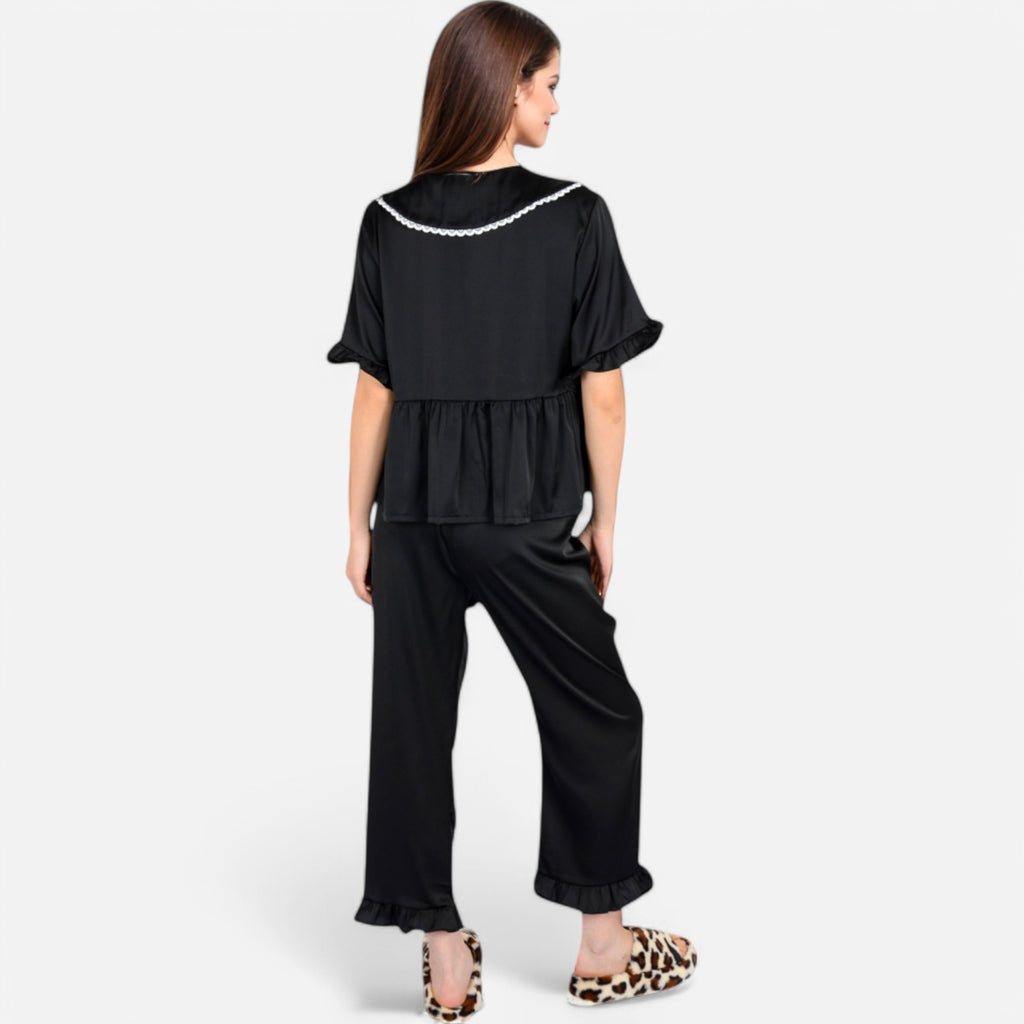 Anna-Kaci Lounge Women's Embroidered Collar Pajama Set with Ruffle Trim and Button-Up Top