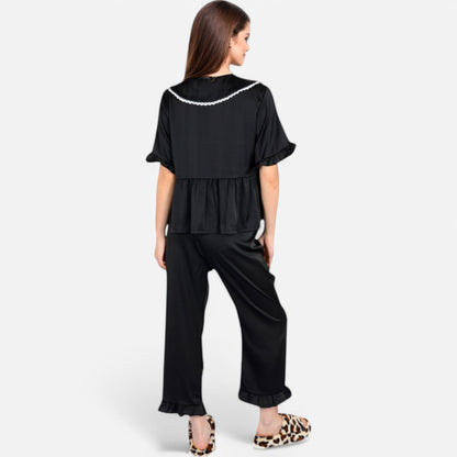 Anna-Kaci Lounge Women's Embroidered Collar Pajama Set with Ruffle Trim and Button-Up Top