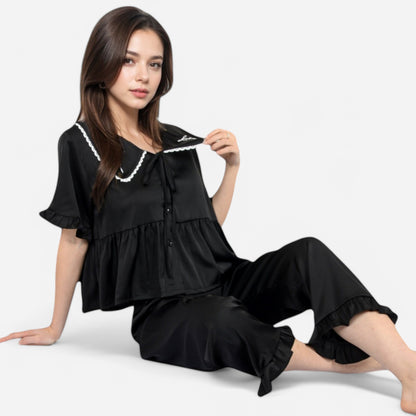 Anna-Kaci Lounge Women's Embroidered Collar Pajama Set with Ruffle Trim and Button-Up Top