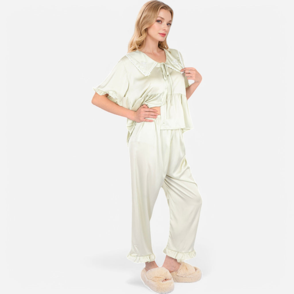 Anna-Kaci Lounge Women's Embroidered Collar Pajama Set with Ruffle Trim and Button-Up Top