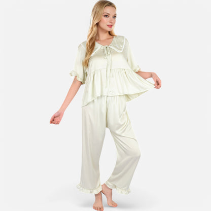 Anna-Kaci Lounge Women's Embroidered Collar Pajama Set with Ruffle Trim and Button-Up Top