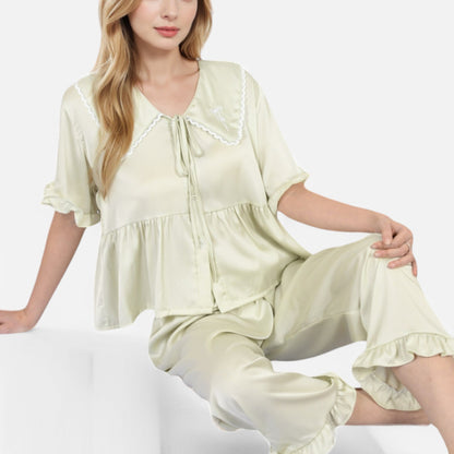 Anna-Kaci Lounge Women's Embroidered Collar Pajama Set with Ruffle Trim and Button-Up Top