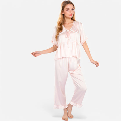 Anna-Kaci Lounge Women's Embroidered Collar Pajama Set with Ruffle Trim and Button-Up Top