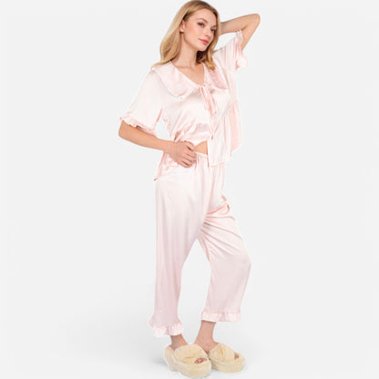 Anna-Kaci Lounge Women's Embroidered Collar Pajama Set with Ruffle Trim and Button-Up Top