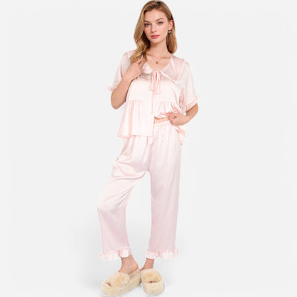 Anna-Kaci Lounge Women's Embroidered Collar Pajama Set with Ruffle Trim and Button-Up Top