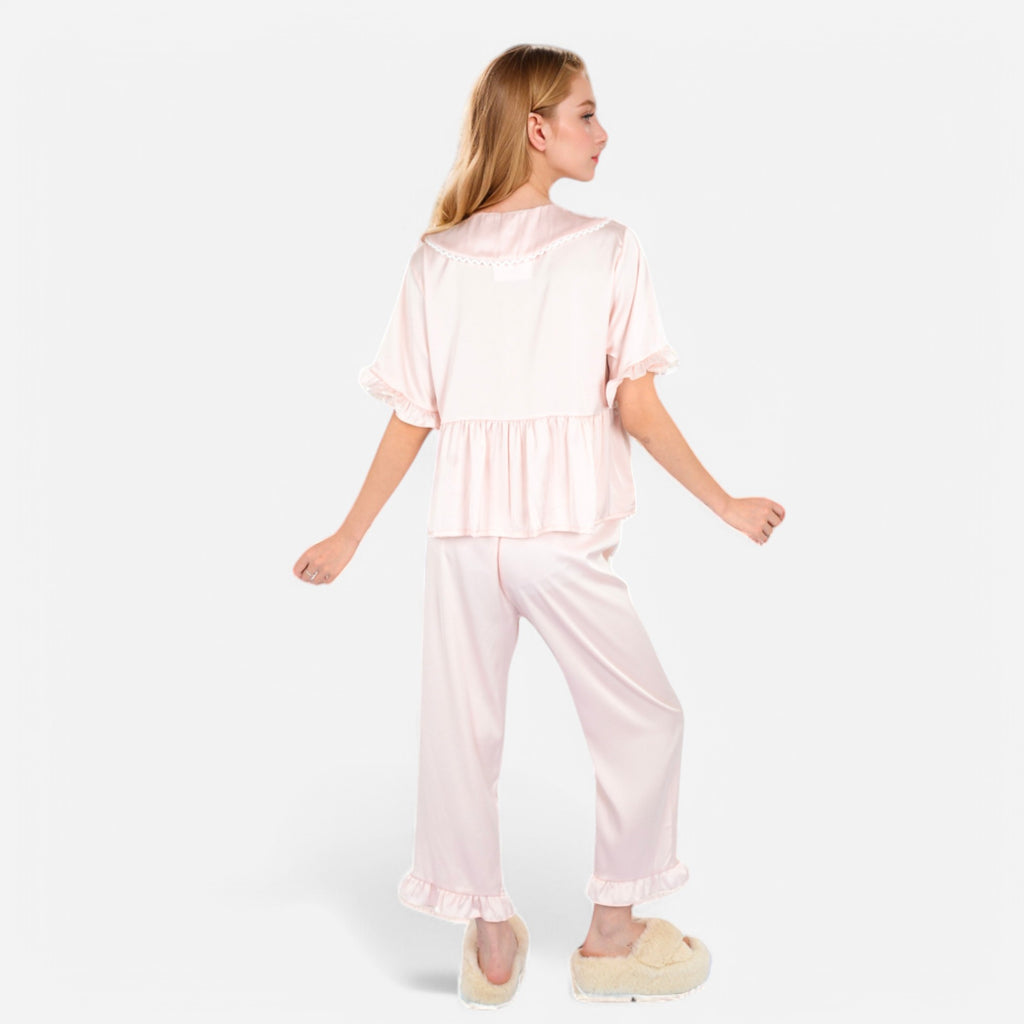 Anna-Kaci Lounge Women's Embroidered Collar Pajama Set with Ruffle Trim and Button-Up Top