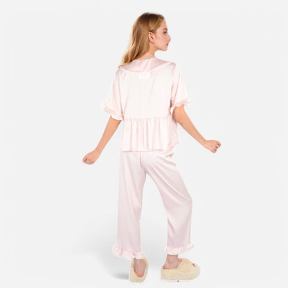 Anna-Kaci Lounge Women's Embroidered Collar Pajama Set with Ruffle Trim and Button-Up Top