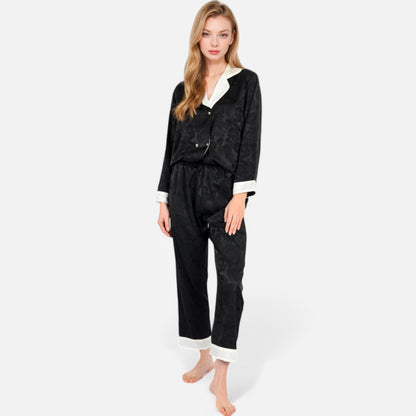 Anna-Kaci Lounge Women's Satin Pajama Set with Contrast Trim and Button-Up Top