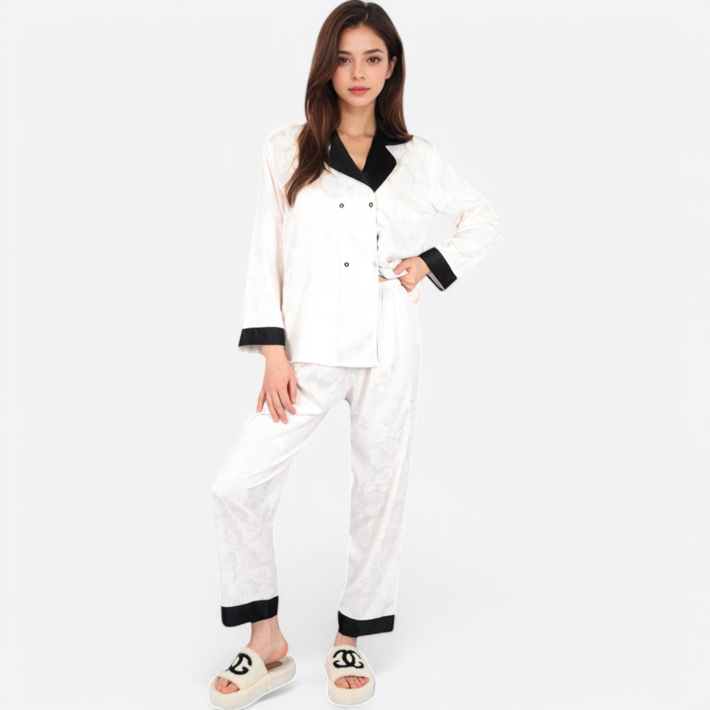 Anna-Kaci Lounge Women's Satin Pajama Set with Contrast Trim and Button-Up Top