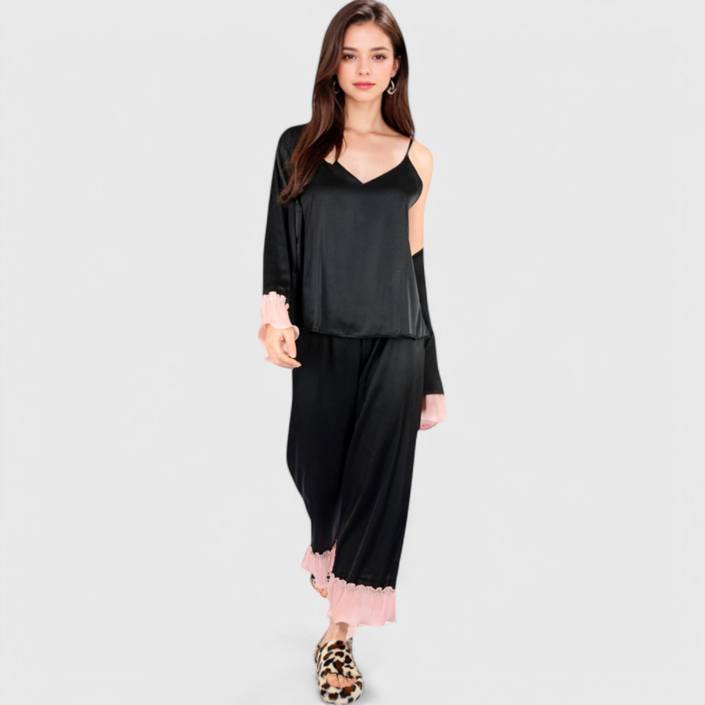 Anna-Kaci Lounge Women's Satin Pajama Set with Ruffled Cuffs and Button-Up Top