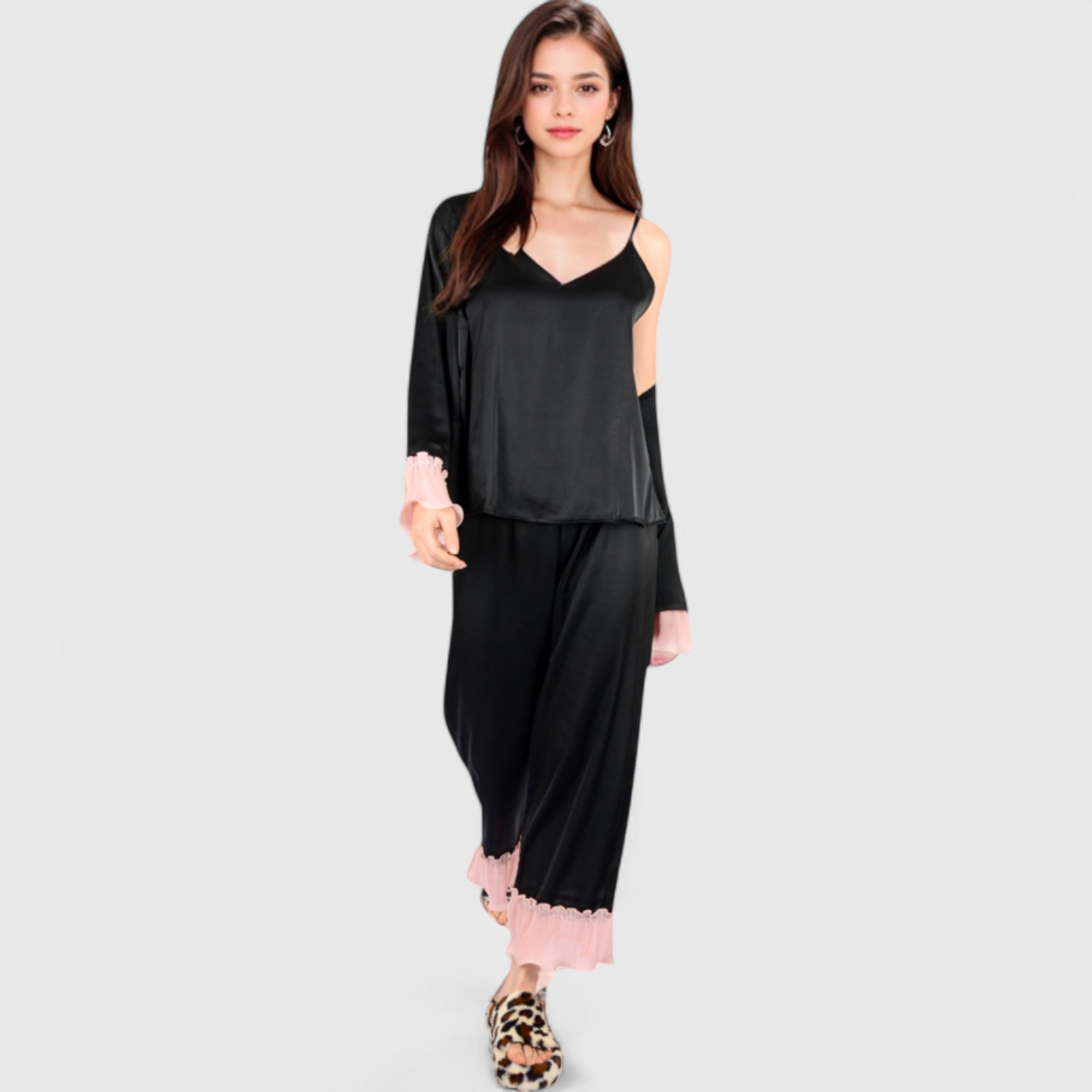 Anna-Kaci Lounge Women's Satin Pajama Set with Ruffled Cuffs and Button-Up Top