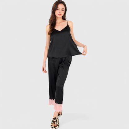 Anna-Kaci Lounge Women's Satin Pajama Set with Ruffled Cuffs and Button-Up Top