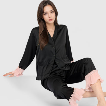 Anna-Kaci Lounge Women's Satin Pajama Set with Ruffled Cuffs and Button-Up Top