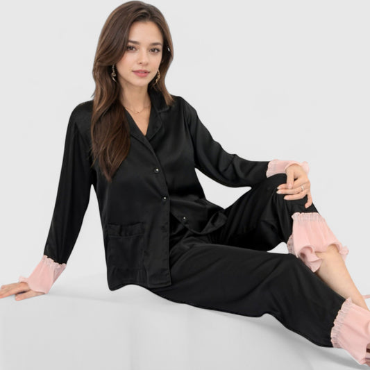 Anna-Kaci Lounge Women's Satin Pajama Set with Ruffled Cuffs and Button-Up Top