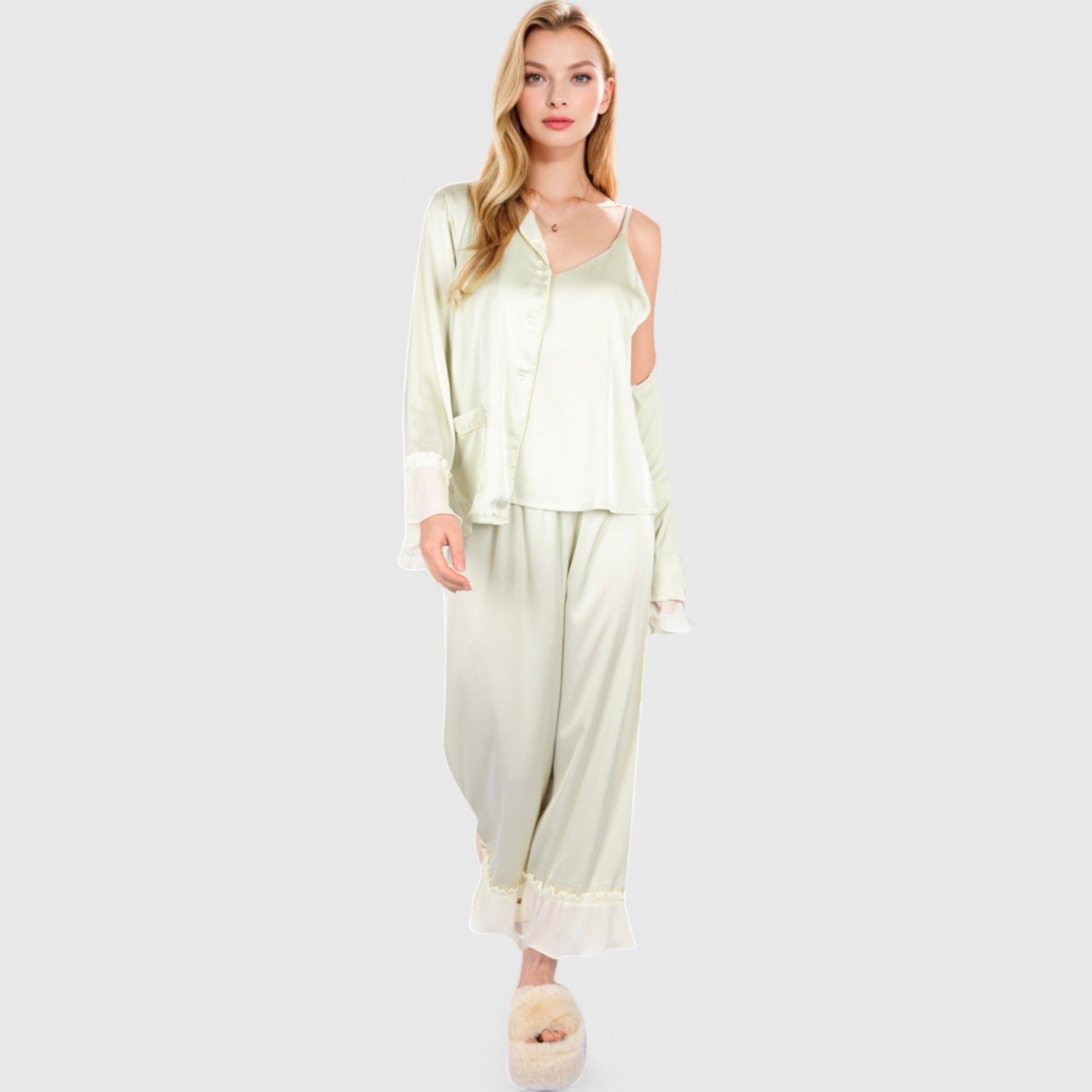Anna-Kaci Lounge Women's Satin Pajama Set with Ruffled Cuffs and Button-Up Top