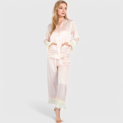 Anna-Kaci Lounge Women's Satin Pajama Set with Ruffled Cuffs and Button-Up Top
