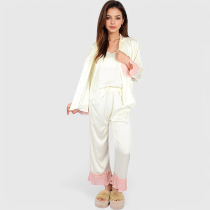 Anna-Kaci Lounge Women's Satin Pajama Set with Ruffled Cuffs and Button-Up Top