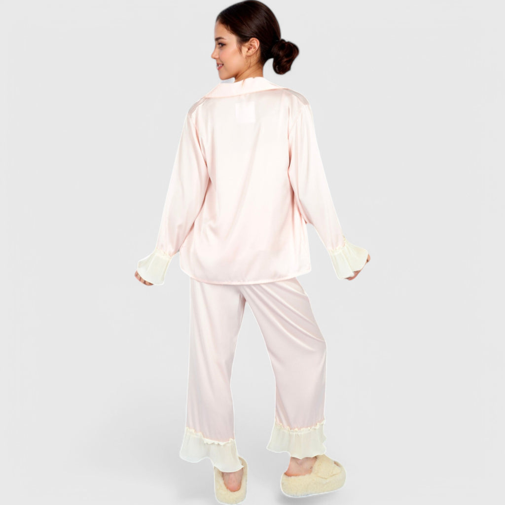 Anna-Kaci Lounge Women's Satin Pajama Set with Ruffled Cuffs and Button-Up Top