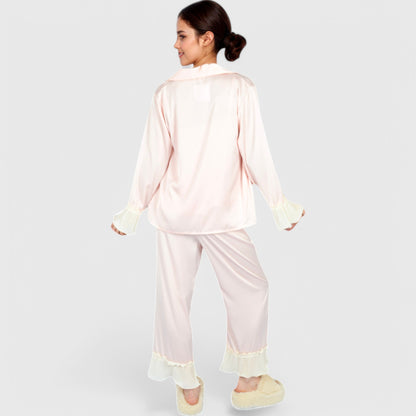 Anna-Kaci Lounge Women's Satin Pajama Set with Ruffled Cuffs and Button-Up Top