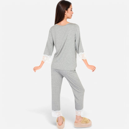 Anna-Kaci Lounge Women's Lace Trim Pajama Set with 3/4 Sleeve Top and Elastic Waist Pants