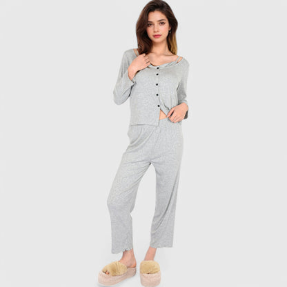 Anna-Kaci Lounge Women's 3-Piece Lounge Pajama Set with Camisole, Button-Up Top, and Wide-Leg Pants