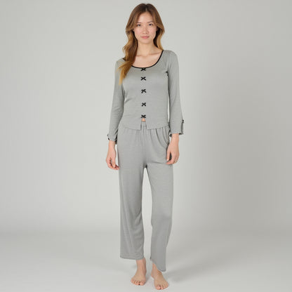Anna-Kaci Lounge Women's Long Sleeve Pajama Set with Decorative Bows and Soft Wide Leg Pants