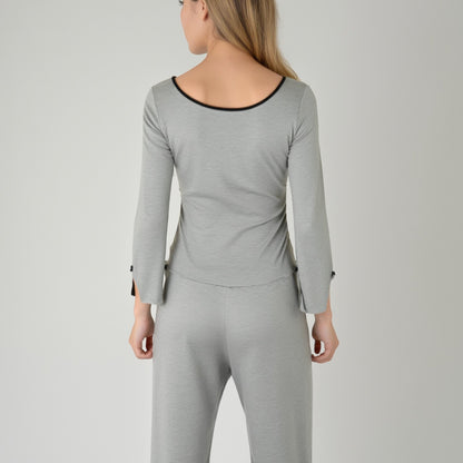 Anna-Kaci Lounge Women's Long Sleeve Pajama Set with Decorative Bows and Soft Wide Leg Pants