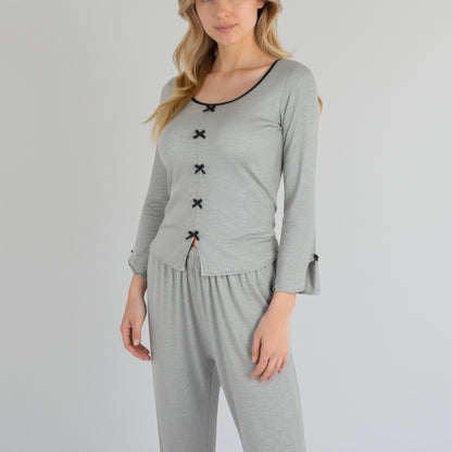 Anna-Kaci Lounge Women's Long Sleeve Pajama Set with Decorative Bows and Soft Wide Leg Pants