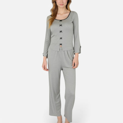 Anna-Kaci Lounge Women's Long Sleeve Pajama Set with Decorative Bows and Soft Wide Leg Pants