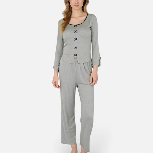 Anna-Kaci Lounge Women's Long Sleeve Pajama Set with Decorative Bows and Soft Wide Leg Pants