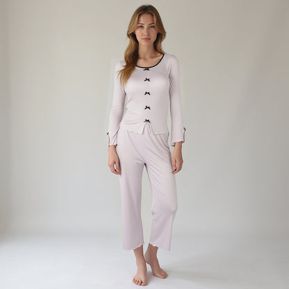 Anna-Kaci Lounge Women's Long Sleeve Pajama Set with Decorative Bows and Soft Wide Leg Pants